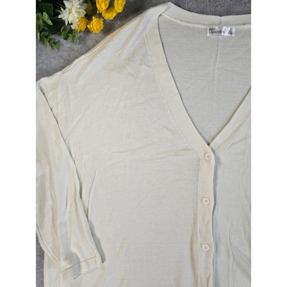 89th + Madison Cardigan Womens 1X Cream Minimalist V-Neck Rayon Blend Sweater